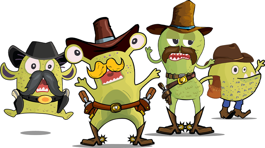 Illustration of four green blobs with faces wearing cowboy outfits