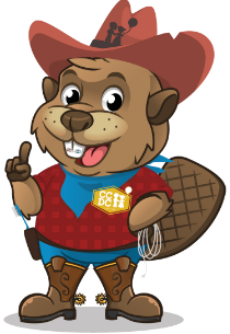 Illustration of a smiling beaver in cowboy clothes