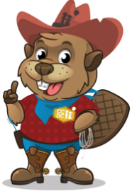 Illustration of a smiling beaver in cowboy clothes