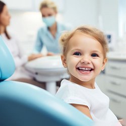 Happy toddler smiling in dental treatment chair